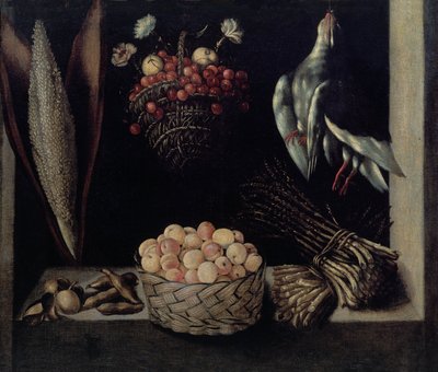 Fruitschaal met een mand kersen en een mand abrikozen door Unbekannt Unbekannt